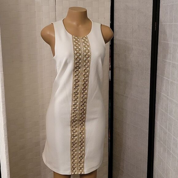 BRAND NEW PAPPAGALLO SLEEVELESS TEXTURED KNIT METALLIC GOLD LACE F TRIM DRESS - Picture 3 of 14